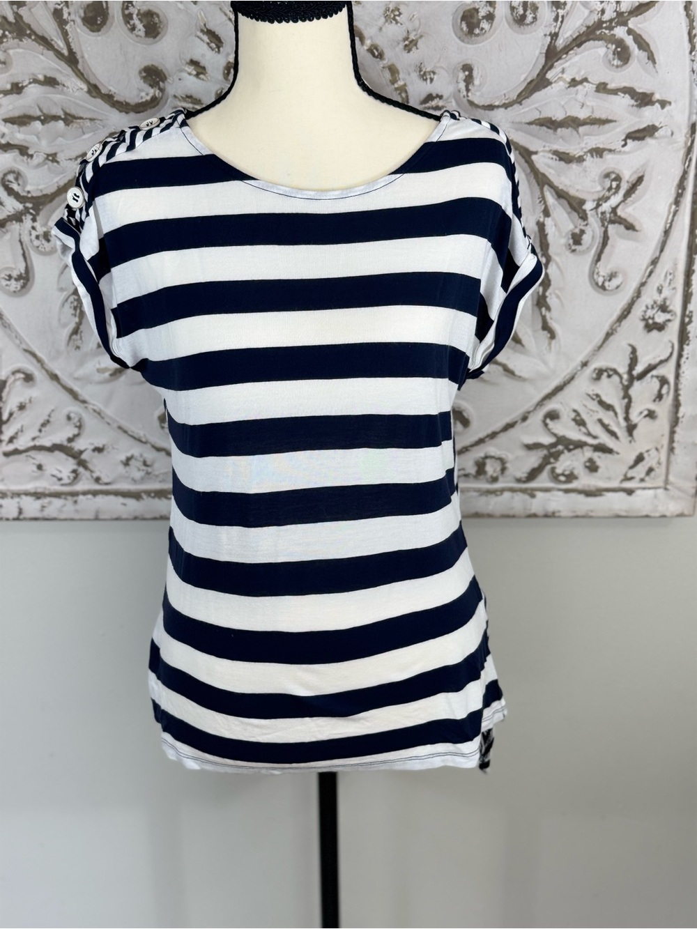 The Limited Navy and White Striped Button-Shoulder Short Sleeve Top